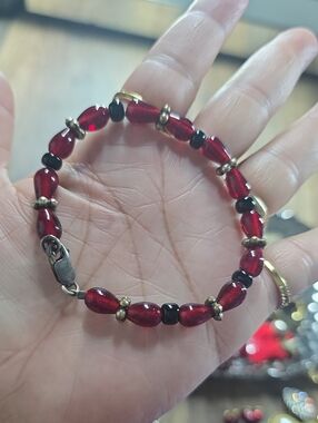 Delicate Red Glass Bead Bracelet with Gold Accents